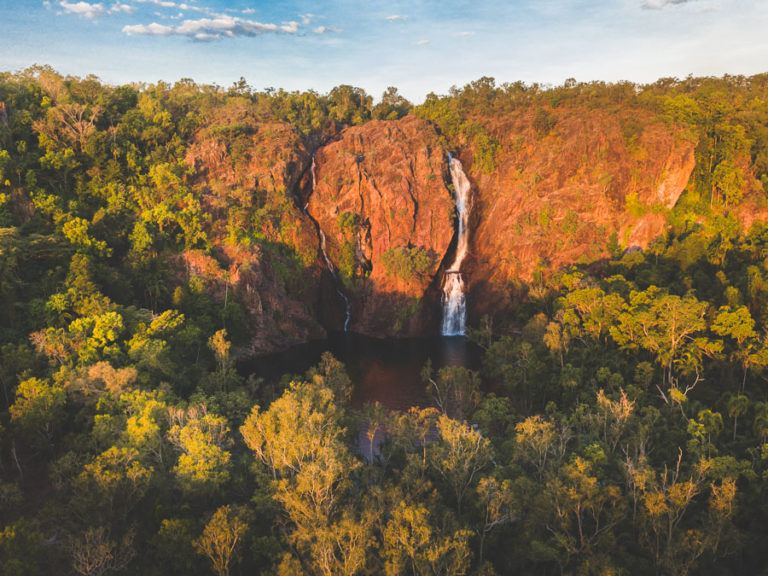 an aerial view of a waterfall in the middle of a forest.