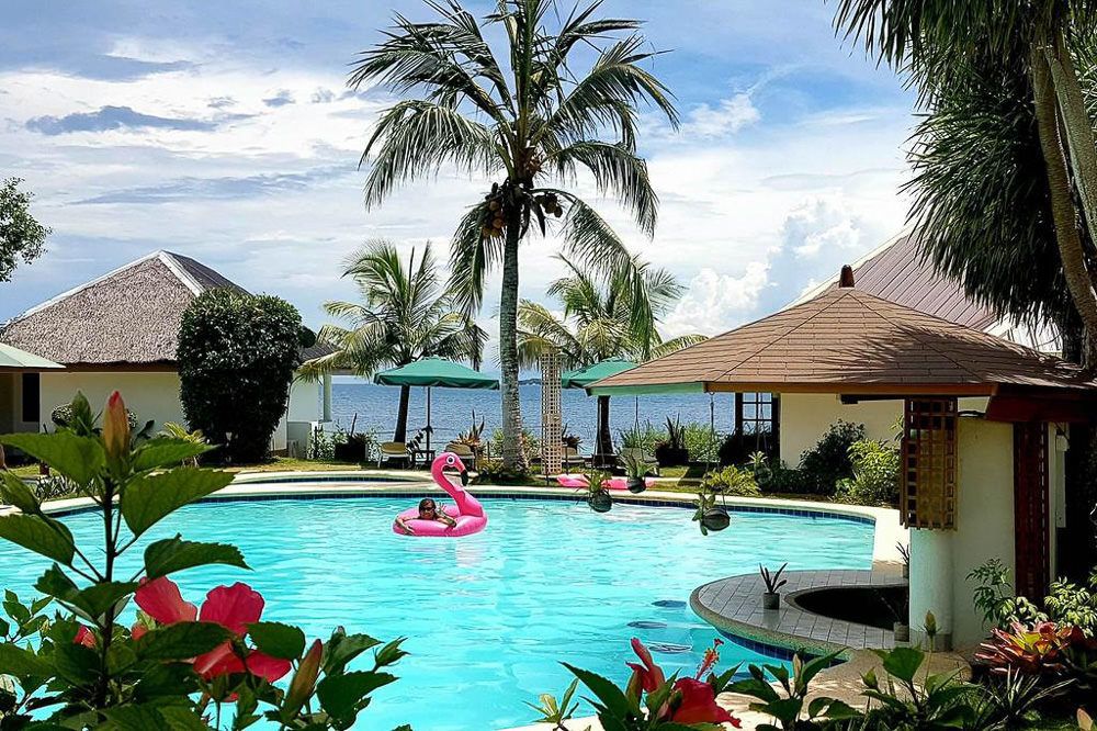 a pool with a flamingo in the middle of it.