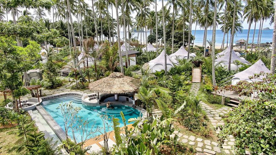 a resort pool surrounded by palm trees with a thatched roof.