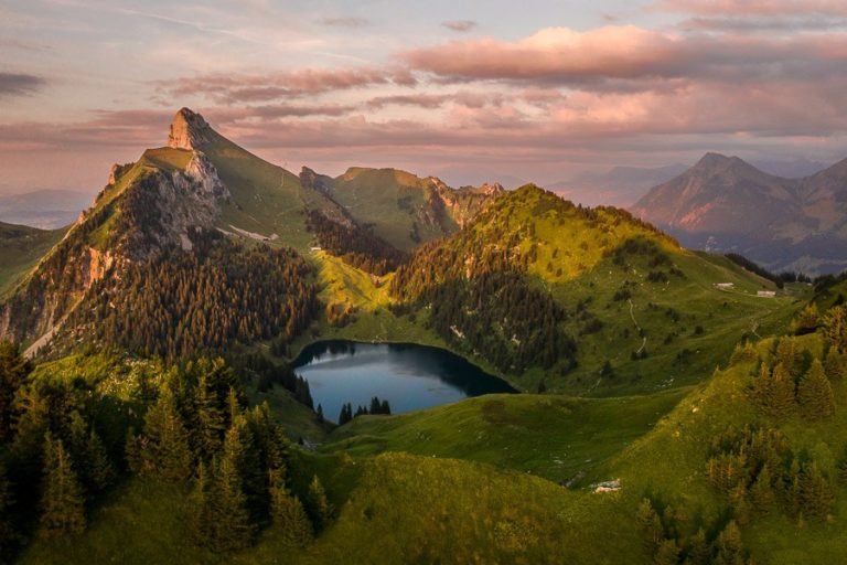 a mountain range with a lake in the middle.