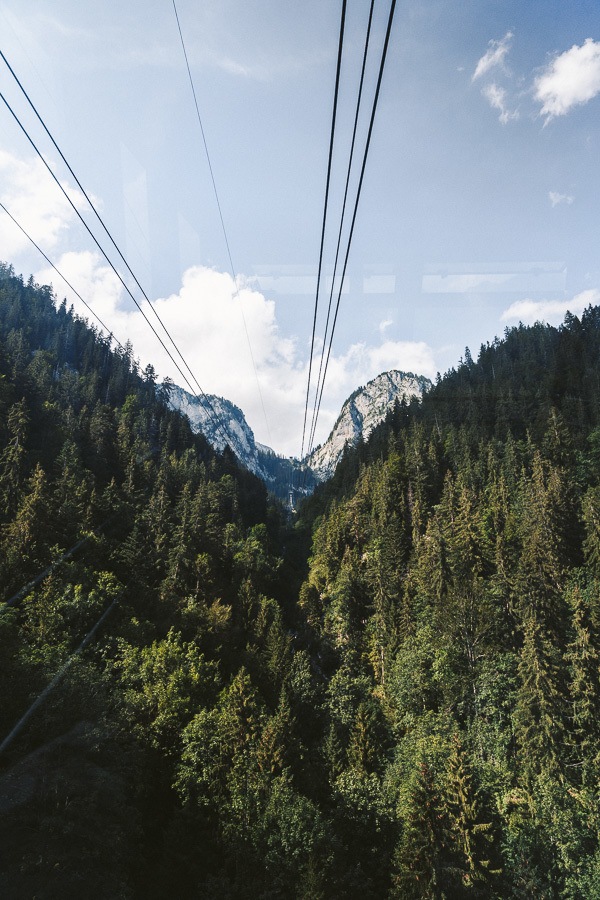 a view of the mountains from a cable car.