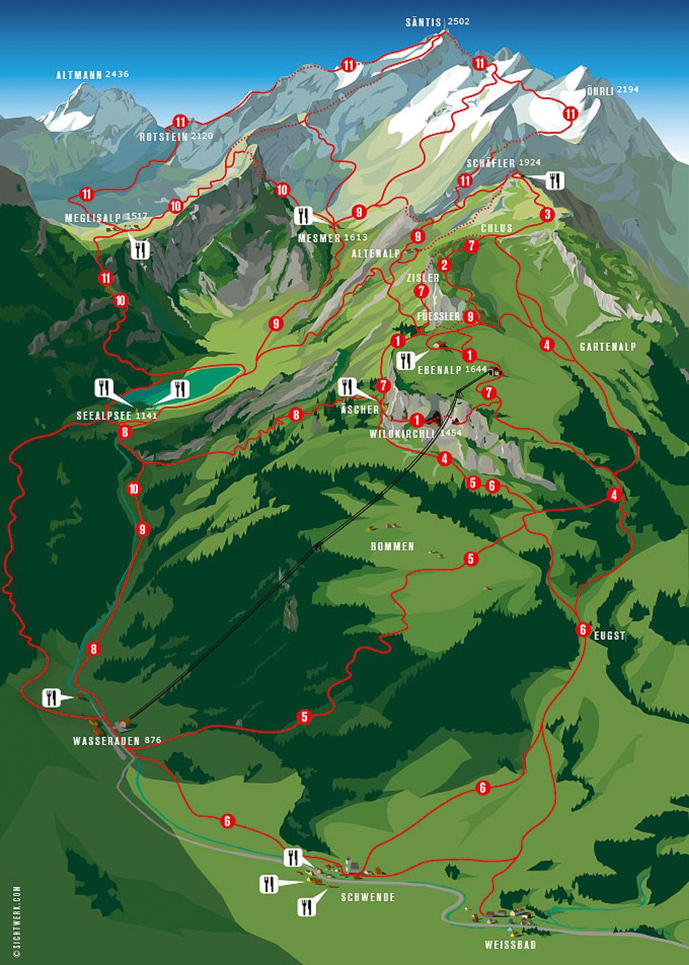 a map of the ski area in the mountains.