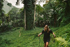a man walking through a lush green forest.