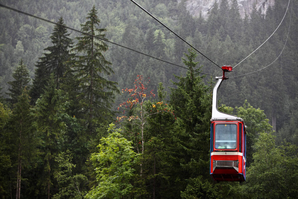 A cable car in the middle of a forest.