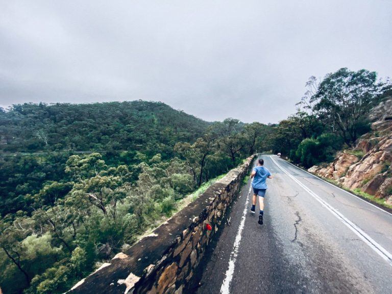 a man riding a bike down a road next to a forest.