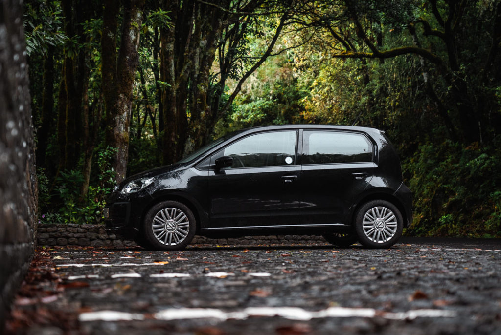 a small black car is parked in the woods.