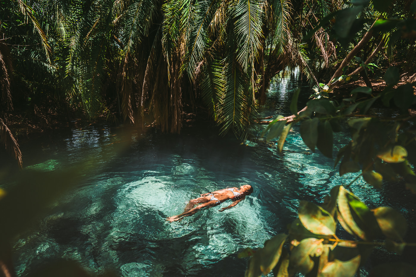 a person floating in a body of water surrounded by trees.