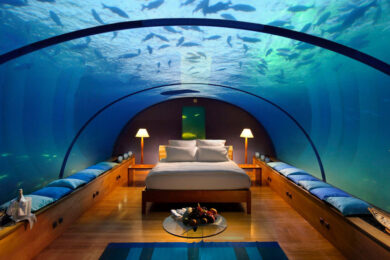 a room with a bed and a fish tank