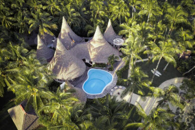 an aerial view of a resort pool surrounded by palm trees