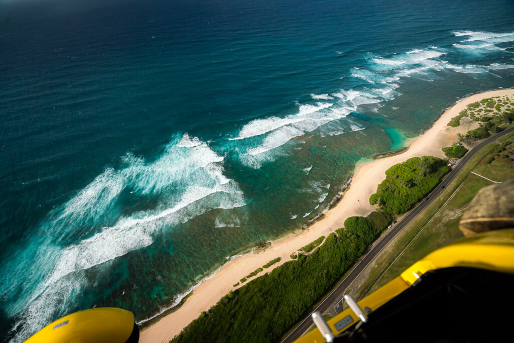 an aerial view of a beach and the ocean.