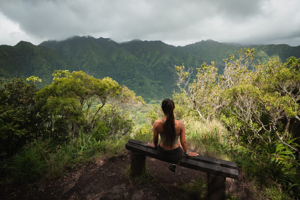 a woman sitting on a bench looking at the mountains.
