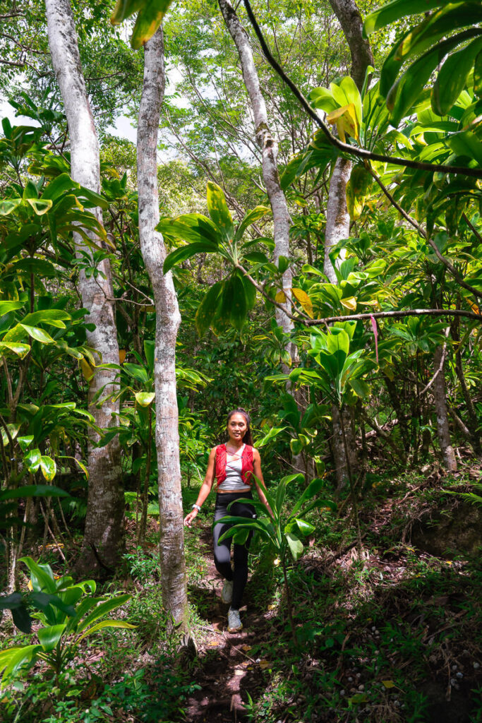 a woman walking through a lush green forest.