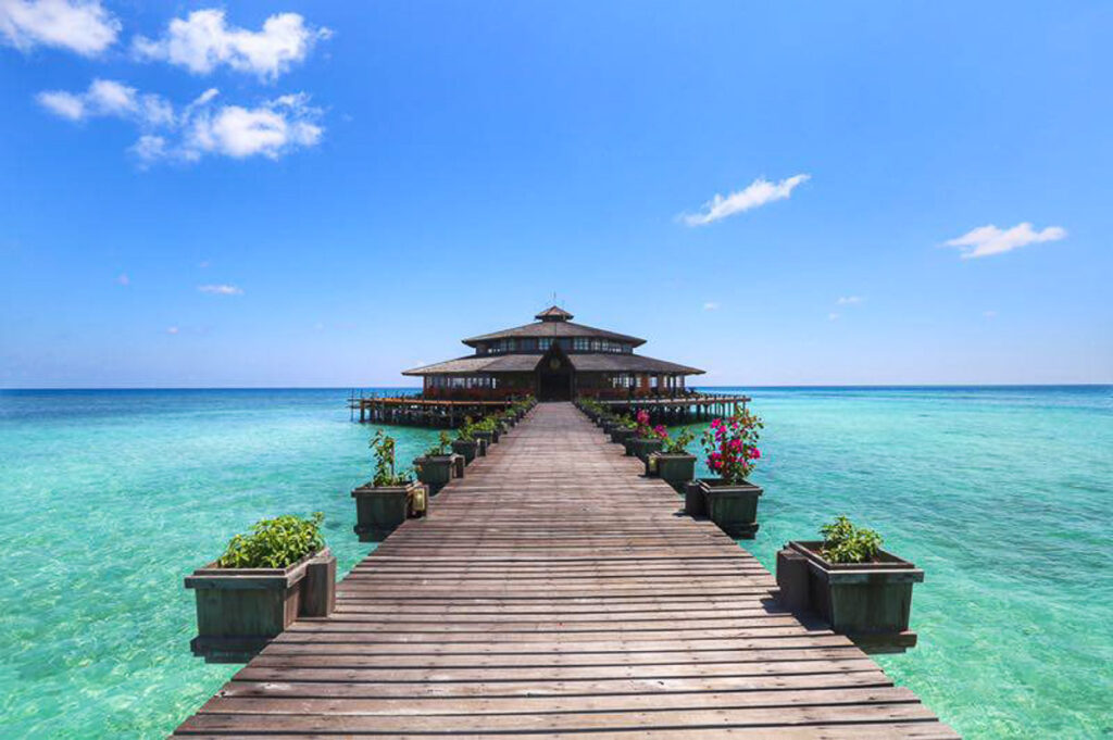 A wooden dock with potted plants on it near overwater bungalows in Malaysia.
