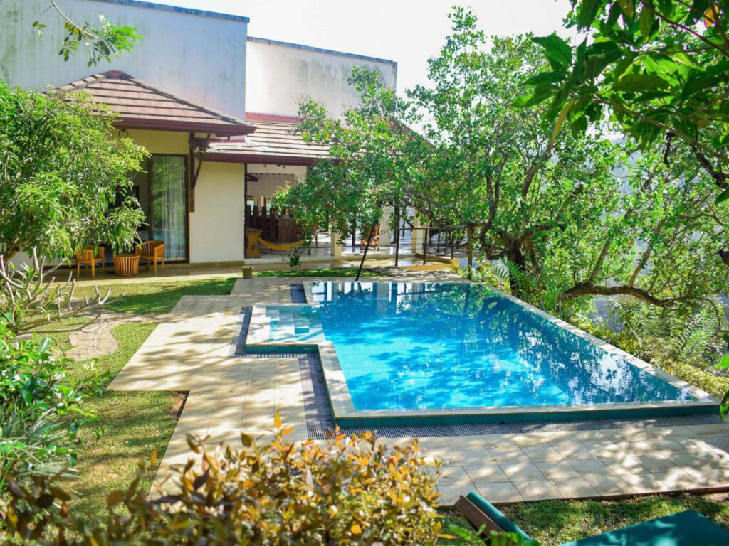 A lush green yard with a swimming pool, perfect for eco lodges in Sri Lanka.