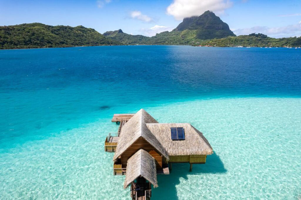 An overwater bungalow situated in the beautiful French Polynesia.