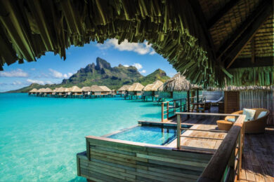 A French Polynesian beach resort with overwater cabanas.
