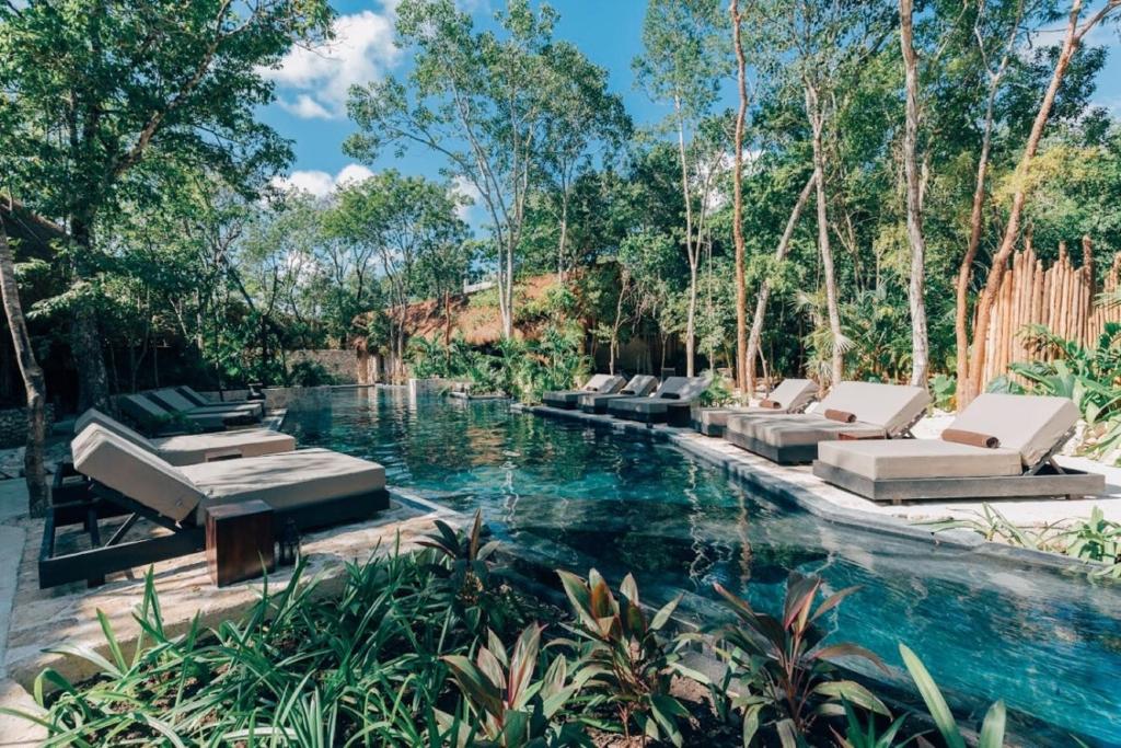 A pool surrounded by trees and lounge chairs.