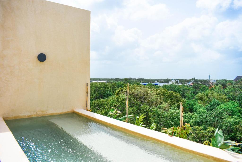 A swimming pool with a view of the jungle.