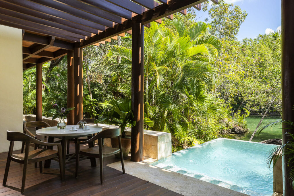 A wooden deck overlooks a pool in the jungle.