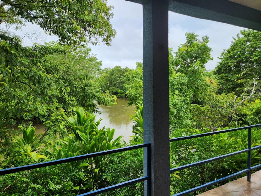 A balcony with a view of a river and trees.