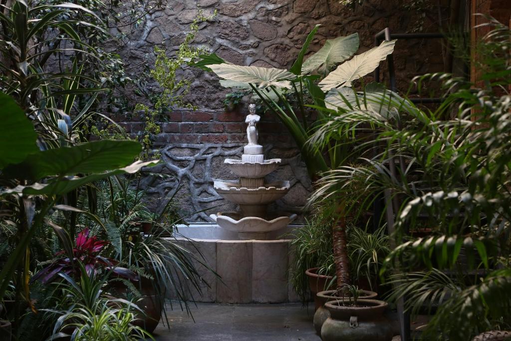 A fountain in a courtyard surrounded by potted plants.