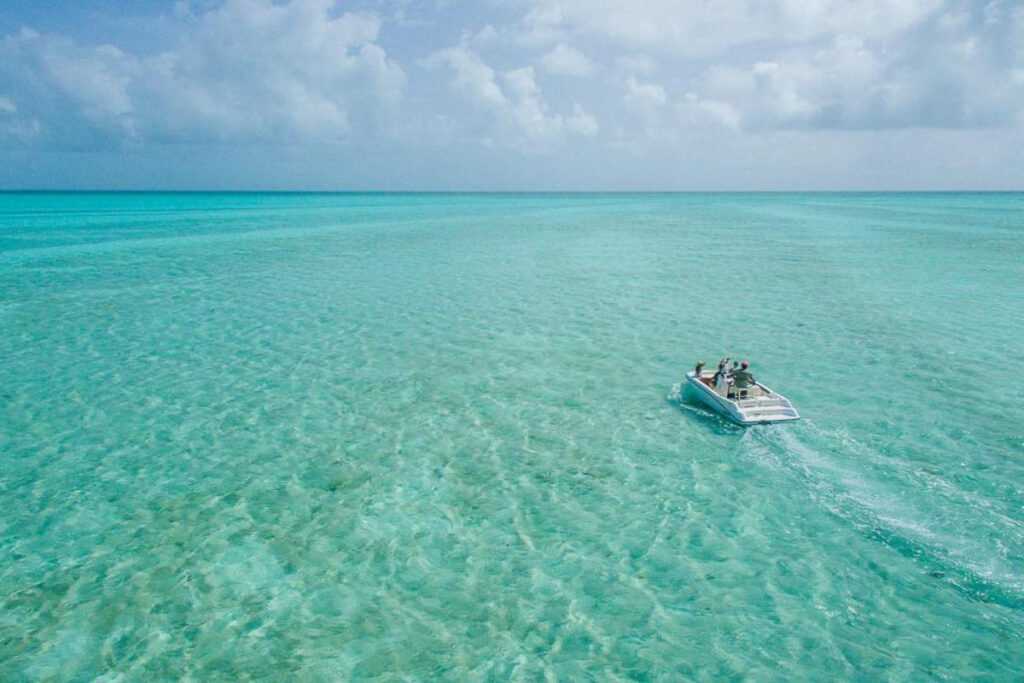 An aerial view of a boat in the clear blue water.