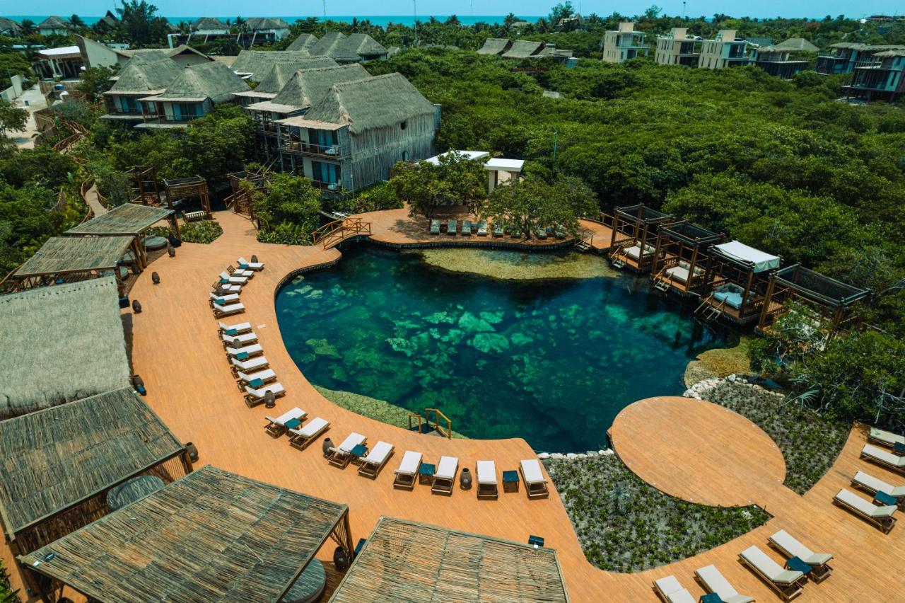 Hotel Shibari - Restaurant Cenote Club Aerial view of a luxury resorts in Tulum, Mexico, with a large natural-looking swimming pool and sun loungers surrounded by lush vegetation and thatched-roof buildings.