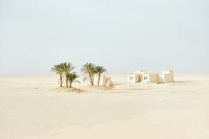 A small white building and a cluster of palm trees stand in a vast, barren desert landscape under a clear sky.