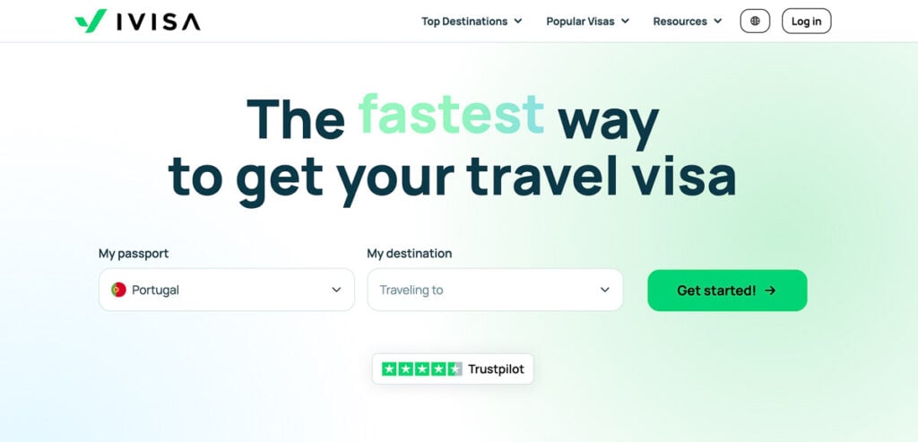 IVisa website homepage showing options to select passport country, travel destination, and a green "Get started!" button, with a Trustpilot rating displayed below.