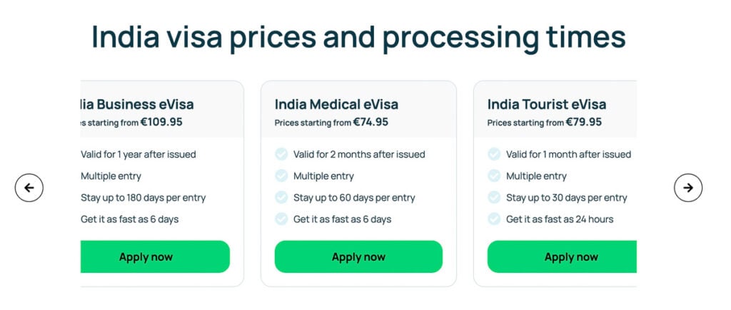 Three types of India eVisas are shown: Business (€109.95), Medical (€74.95), and Tourist (€79.95), with details on validity, entry, stay, and processing times.