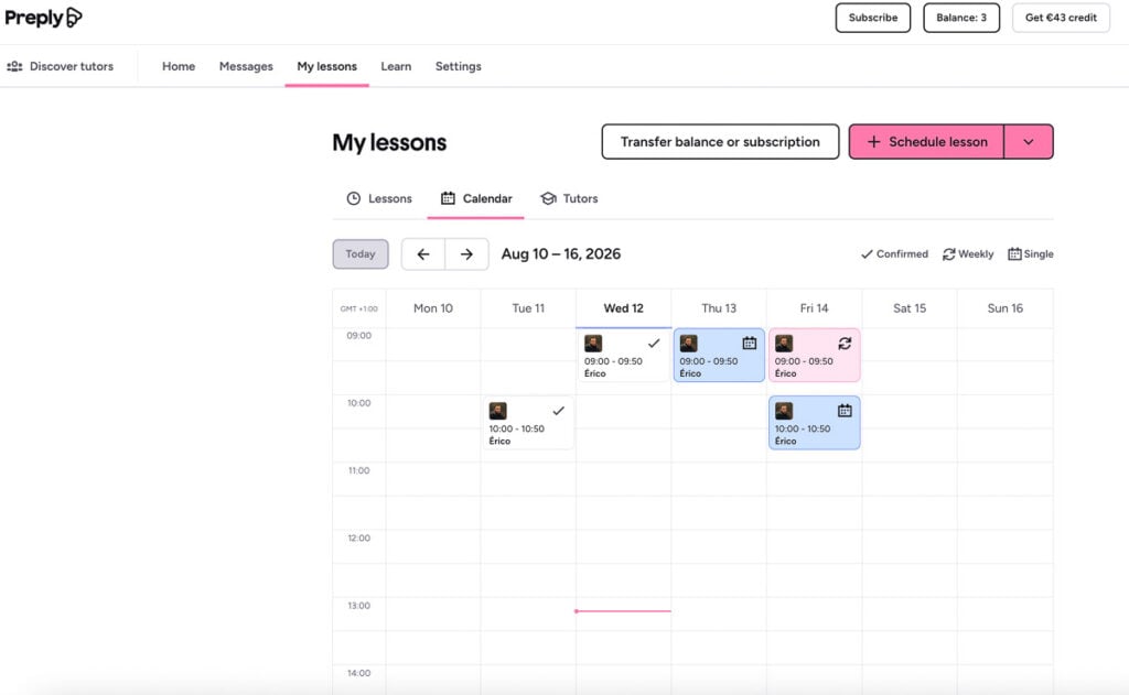 Screenshot of the Preply “My lessons” calendar showing scheduled online lessons with a tutor named Enea from August 10 to 16, 2026, with sessions booked on Wednesday, Thursday, and Friday.