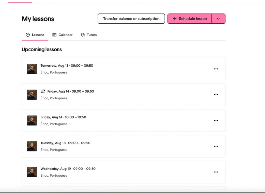 A webpage shows a list of upcoming Portuguese lessons with Érico, scheduled for August 13, 14, and 19, with options to view calendar, tutors, or schedule a new lesson.