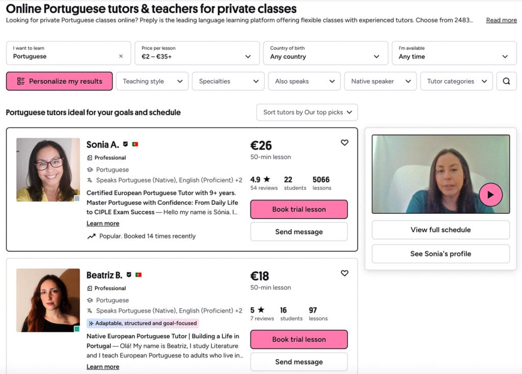 Screenshot of an online tutoring site showing two Portuguese tutors, Sonia A. and Beatriz B., with their profiles, prices, ratings, and options to send a message or book a trial lesson.